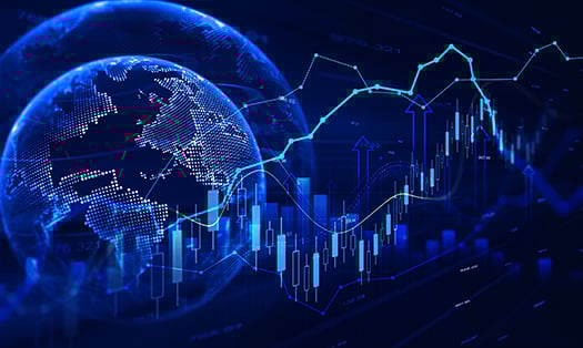 world data, globe over metrics graphics