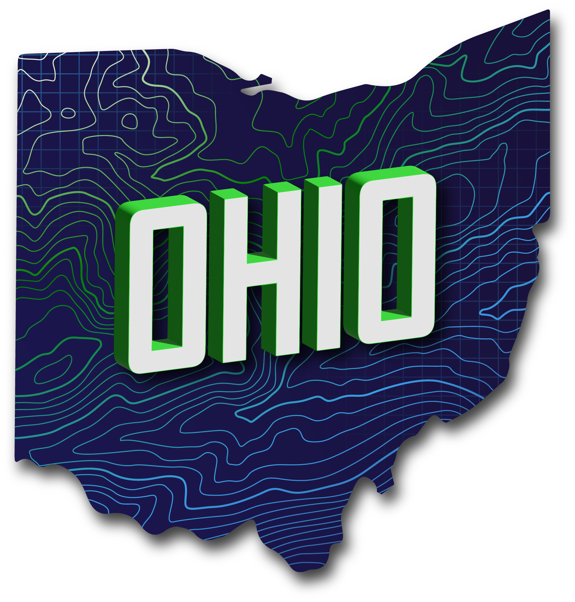 Shape of Ohio with topographic pattern and word OHIO written across it