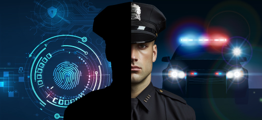 Policeman with technology on the left and cop car on the right in background.