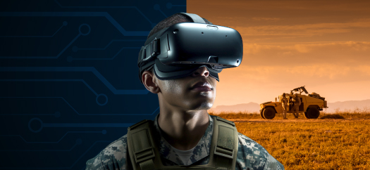 Man with VR set on - technology on left, mission on right.