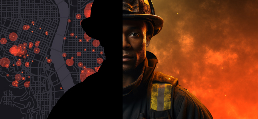 Firefighter - technology on the left, smoke and sparks on the right. 