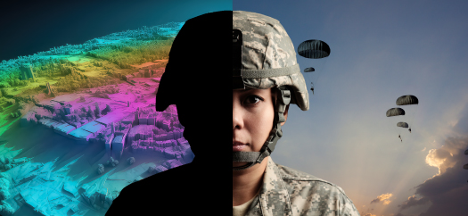 Paratrooper with ground lidar reading on left and paratroopers descending on the right. 
